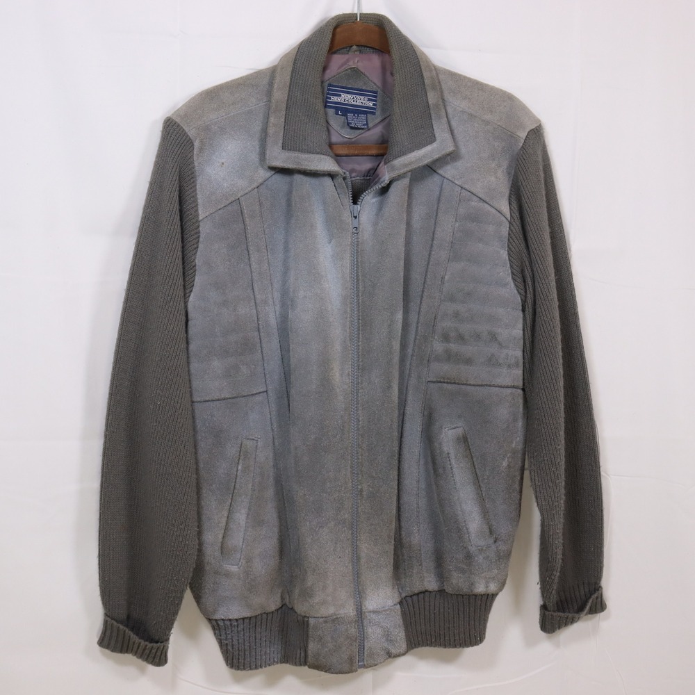 Mervyns Leather Bomber Jacket Large Grey Mens Knit Sleeve‎ Vintage
